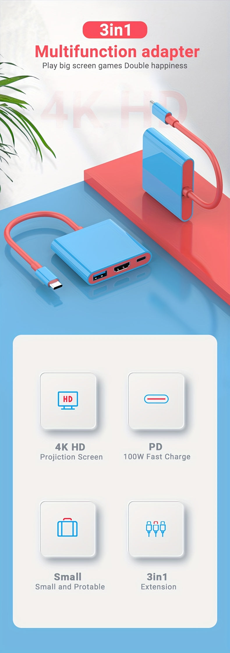 3-in-1 Portable Switch TV Dock Station - 4K HDTV Output, 5Gbps USB 3.0 Interface, 100W PD Fast Charging, Compatible with Nintendo Switch (1080P Only), Steam Deck, MacBook Pro/Air & More, 5.9" Cable