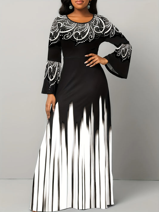 Flouncy Flare Sleeve Ethnic Print Maxi Dress - Vibrant Color Block, Stylish Crew Neck-Timeless Elegance For Fashion-Savvy Women