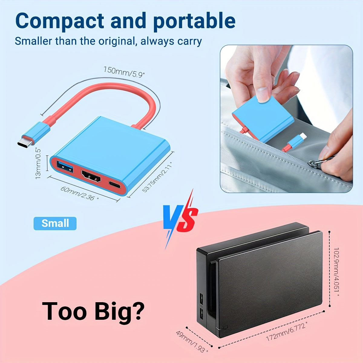 3-in-1 Portable Switch TV Dock Station - 4K HDTV Output, 5Gbps USB 3.0 Interface, 100W PD Fast Charging, Compatible with Nintendo Switch (1080P Only), Steam Deck, MacBook Pro/Air & More, 5.9" Cable