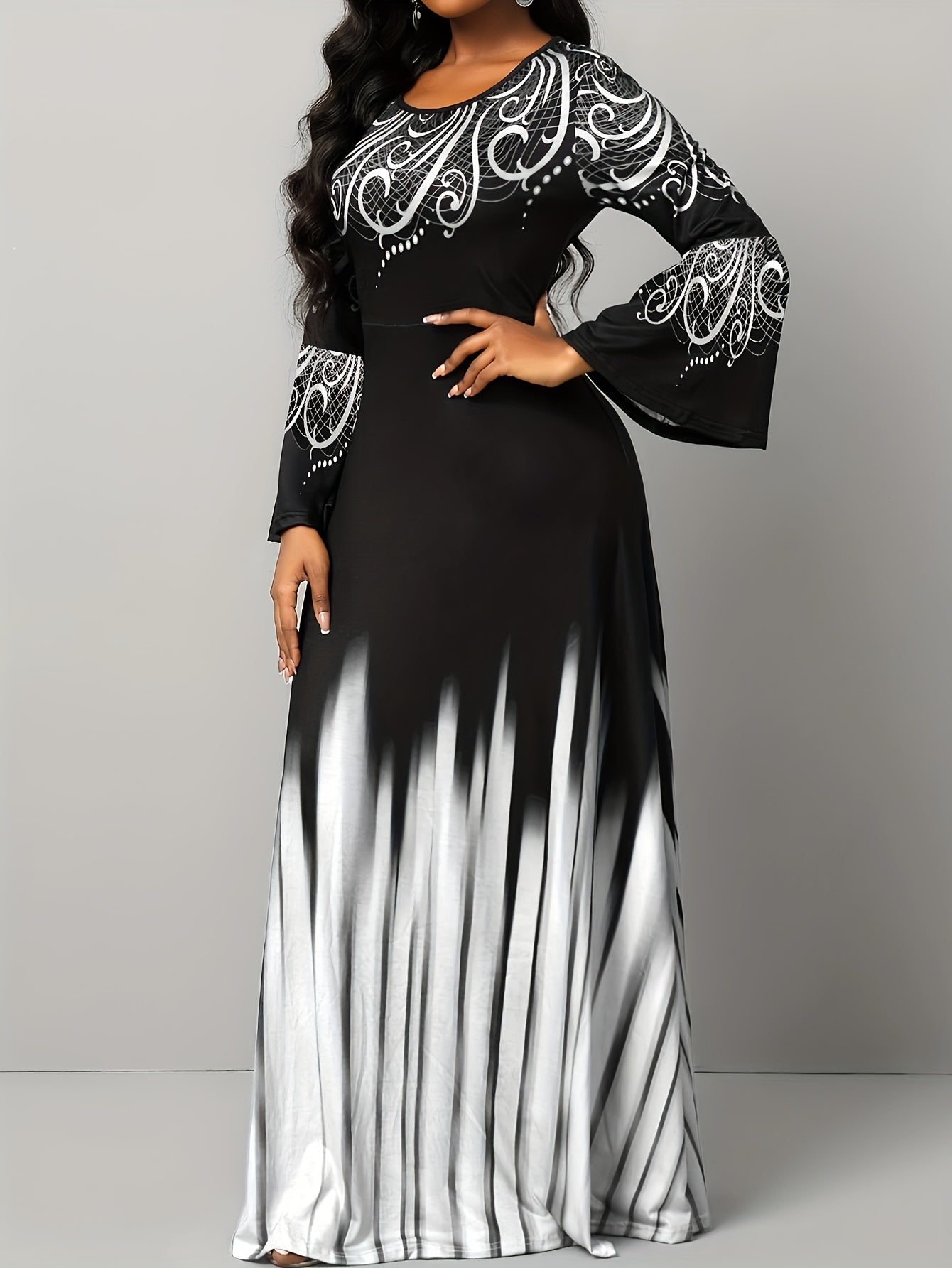 Flouncy Flare Sleeve Ethnic Print Maxi Dress - Vibrant Color Block, Stylish Crew Neck-Timeless Elegance For Fashion-Savvy Women