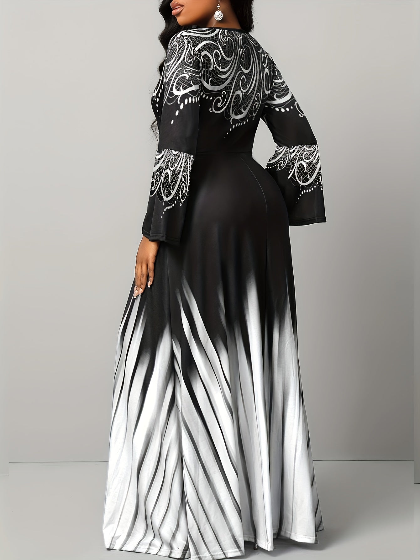 Flouncy Flare Sleeve Ethnic Print Maxi Dress - Vibrant Color Block, Stylish Crew Neck-Timeless Elegance For Fashion-Savvy Women