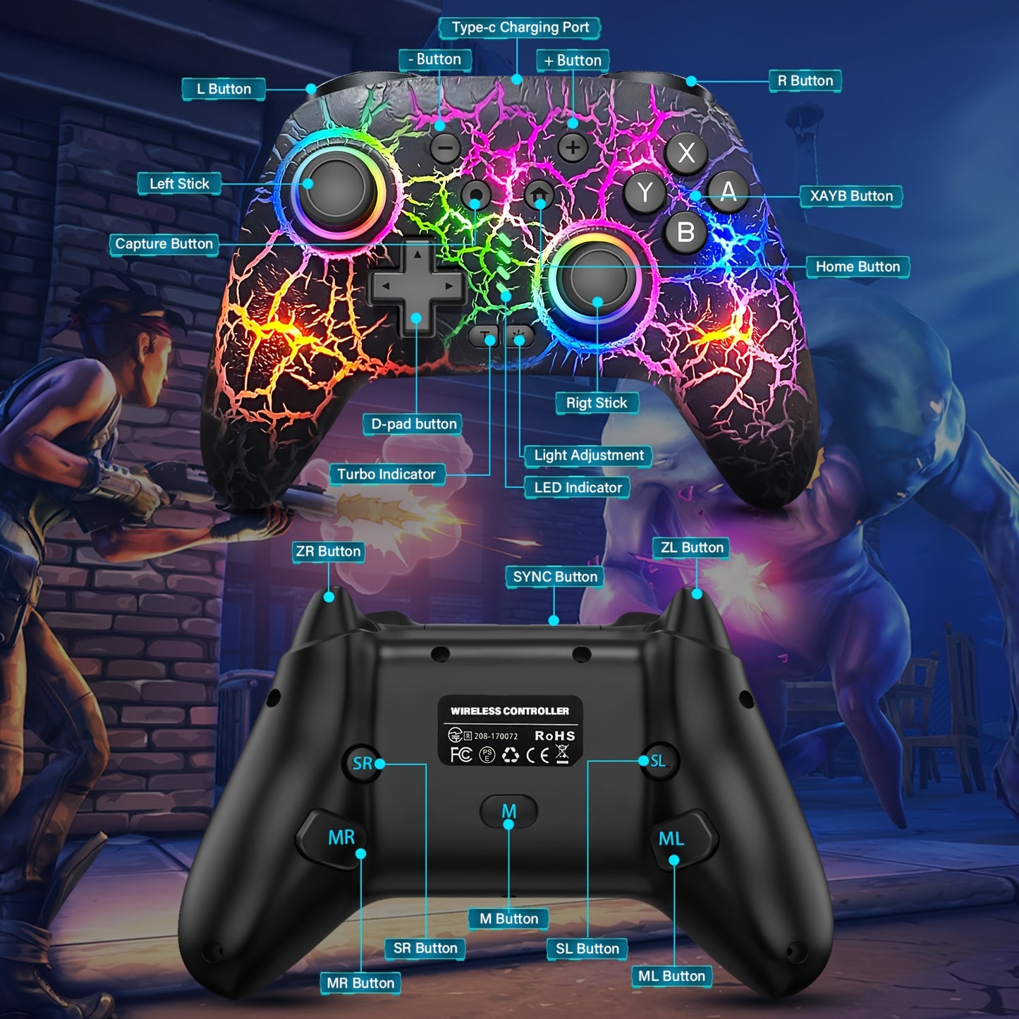 Wireless Pro Controller for Switch/Switch Lite/Switch OLED - Cool RGB, Rechargeable, 6-Axis Gyro, 10 RGB Lights