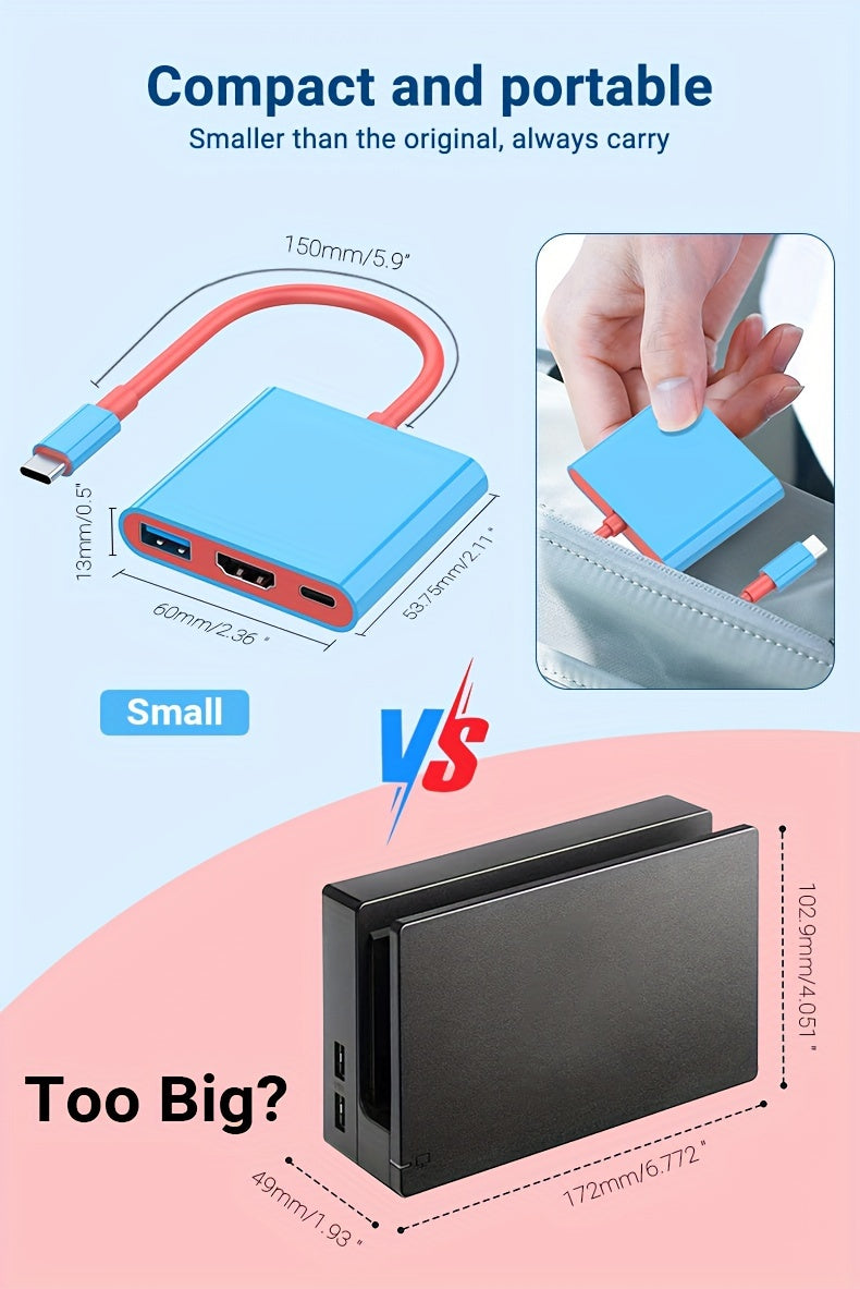 3-in-1 Portable Switch TV Dock Station - 4K HDTV Output, 5Gbps USB 3.0 Interface, 100W PD Fast Charging, Compatible with Nintendo Switch (1080P Only), Steam Deck, MacBook Pro/Air & More, 5.9" Cable