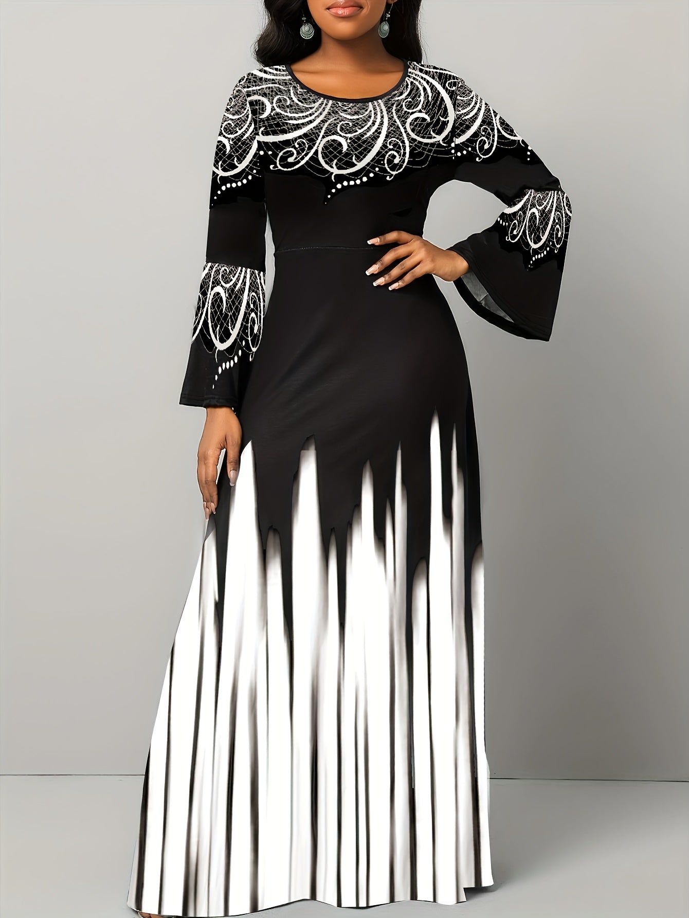 Flouncy Flare Sleeve Ethnic Print Maxi Dress - Vibrant Color Block, Stylish Crew Neck-Timeless Elegance For Fashion-Savvy Women