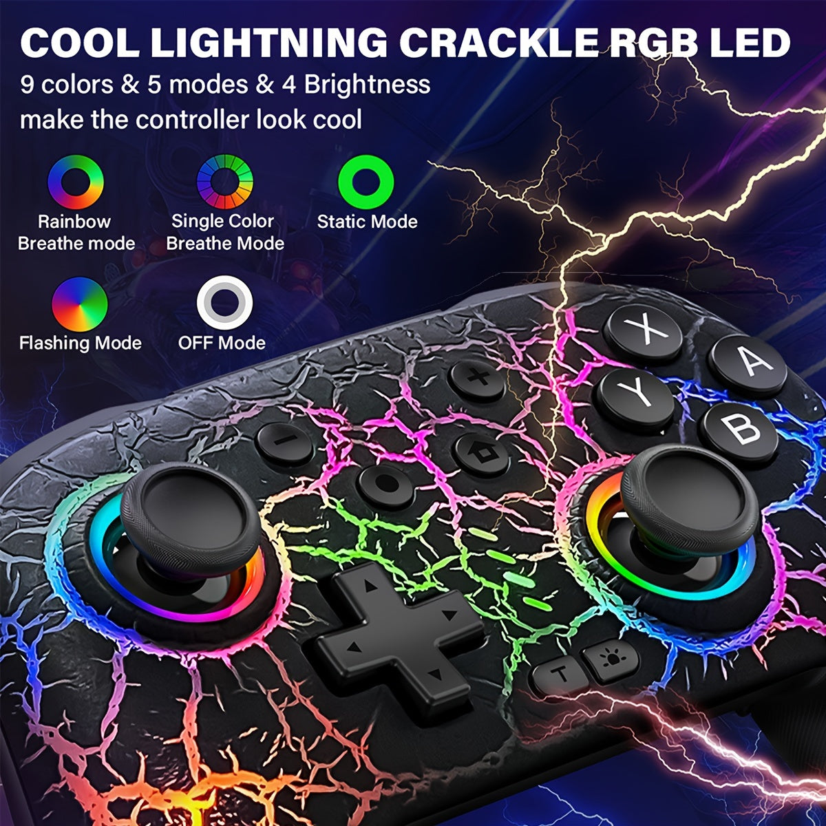 Wireless Pro Controller for Switch/Switch Lite/Switch OLED - Cool RGB, Rechargeable, 6-Axis Gyro, 10 RGB Lights