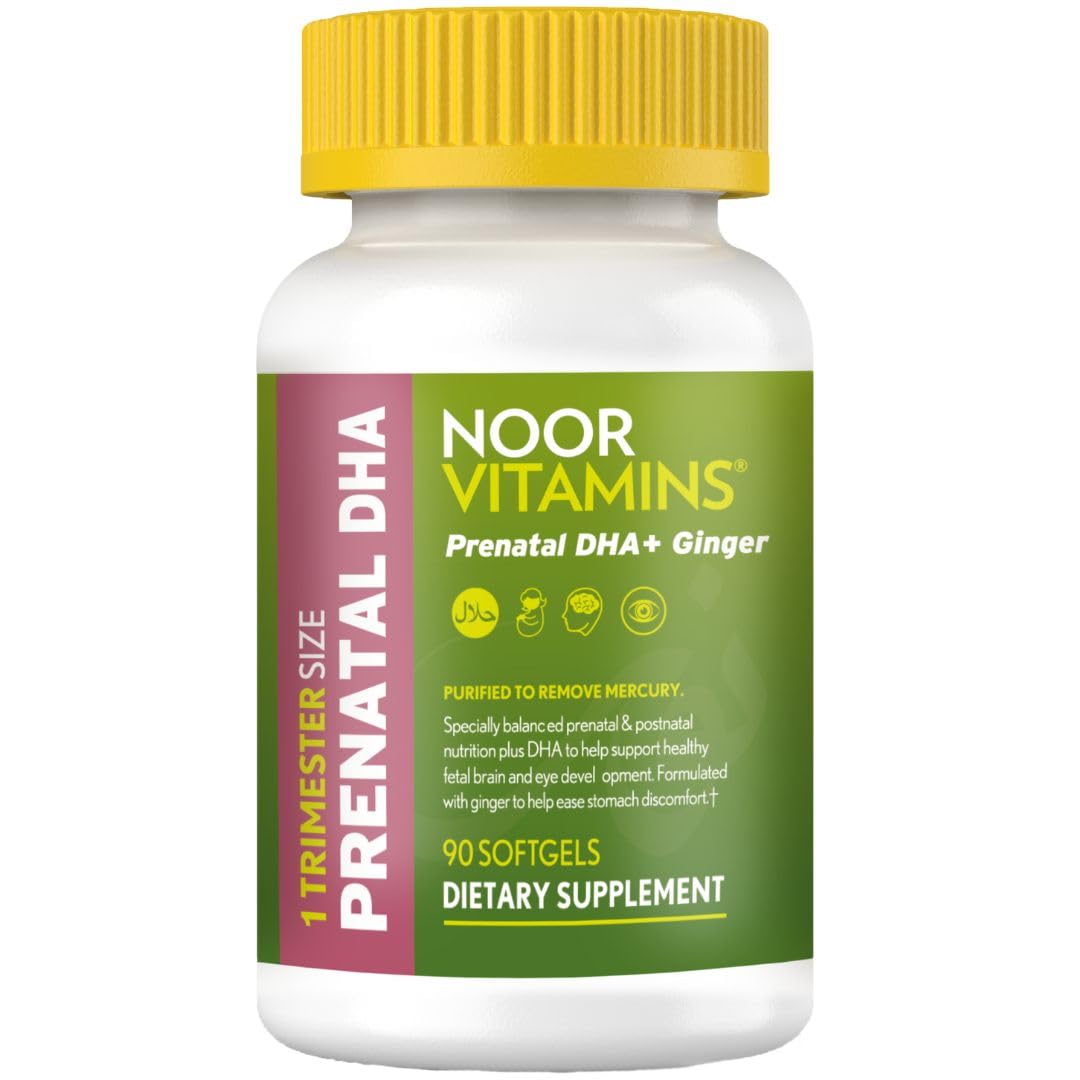 Noor Vitamins Halal Prenatal Vitamins with DHA and Folic Acid, Essential Vitamins, Ginger to Soothe Mom's Stomach, Iron, Softgels, Prenatal Vitamin Before/During/Post Pregnancy (1 Month Supply)