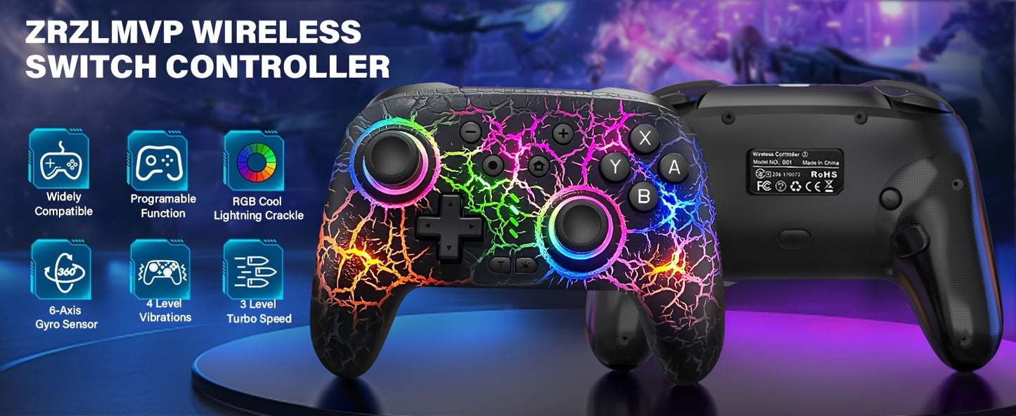 Wireless Pro Controller for Switch/Switch Lite/Switch OLED - Cool RGB, Rechargeable, 6-Axis Gyro, 10 RGB Lights
