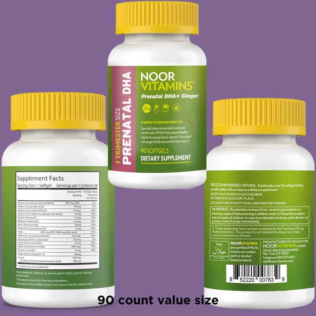 Noor Vitamins Halal Prenatal Vitamins with DHA and Folic Acid, Essential Vitamins, Ginger to Soothe Mom's Stomach, Iron, Softgels, Prenatal Vitamin Before/During/Post Pregnancy (1 Month Supply)