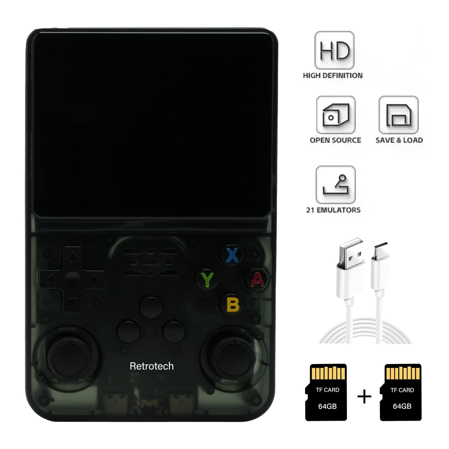 36V Retrotech R36S Handheld Video Game Console - Rechargeable Lithium Battery Powered, USB Charging, Portable Gaming on the Go - No Wireless Capability