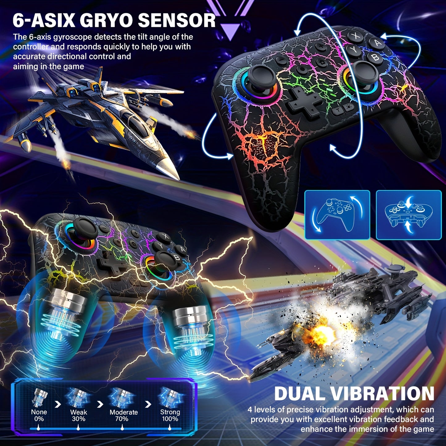 Wireless Pro Controller for Switch/Switch Lite/Switch OLED - Cool RGB, Rechargeable, 6-Axis Gyro, 10 RGB Lights