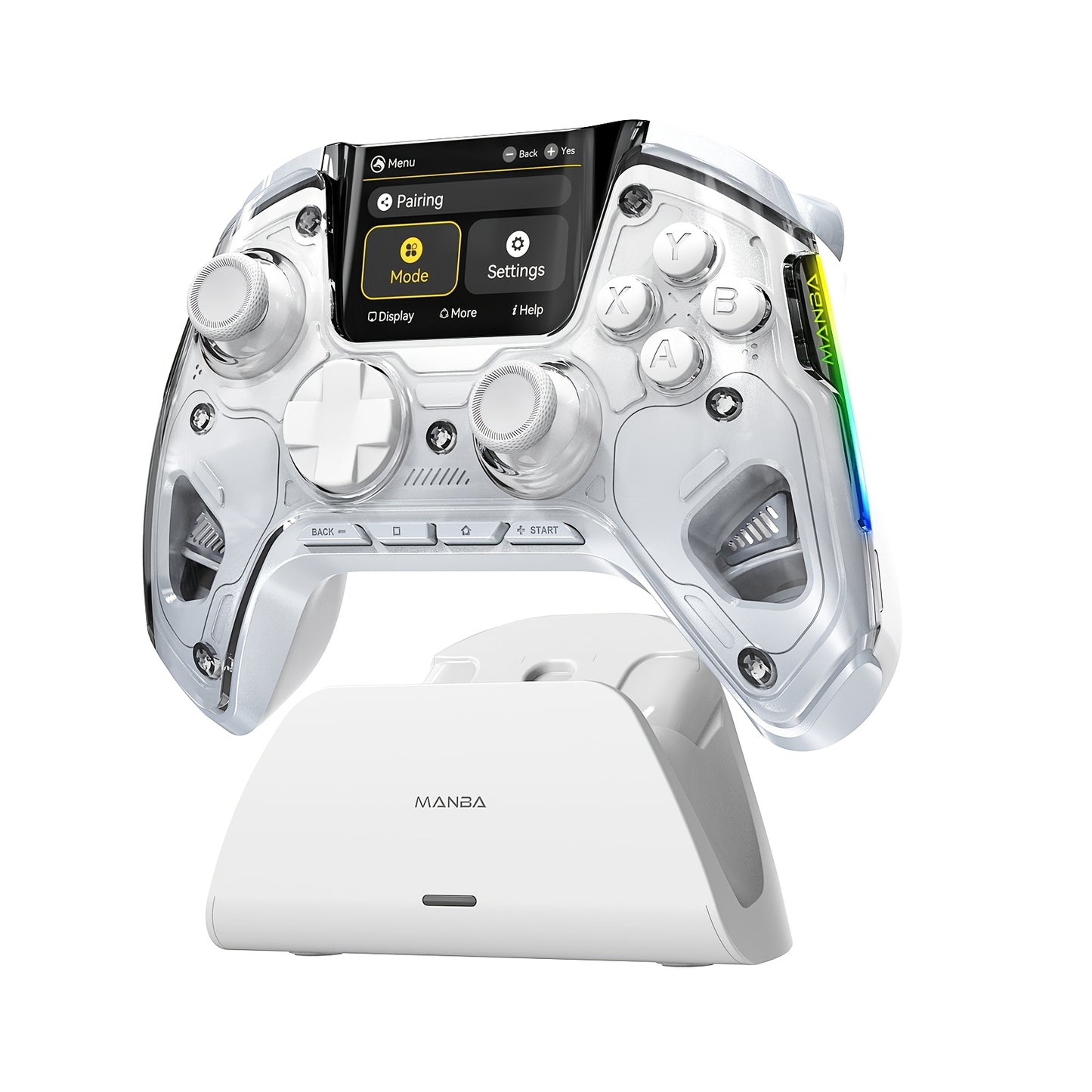 Interactive Screen Wireless Gaming Controller for PC/Switch/iOS/Android/Steam Deck,Hall Effect Stick & Trigger,RGB Lighting,Remappable Buttons,1800mAh with Charging Dock -V2/White(No Drift). Notice Not Compatible with Xbox,PS5 NOW