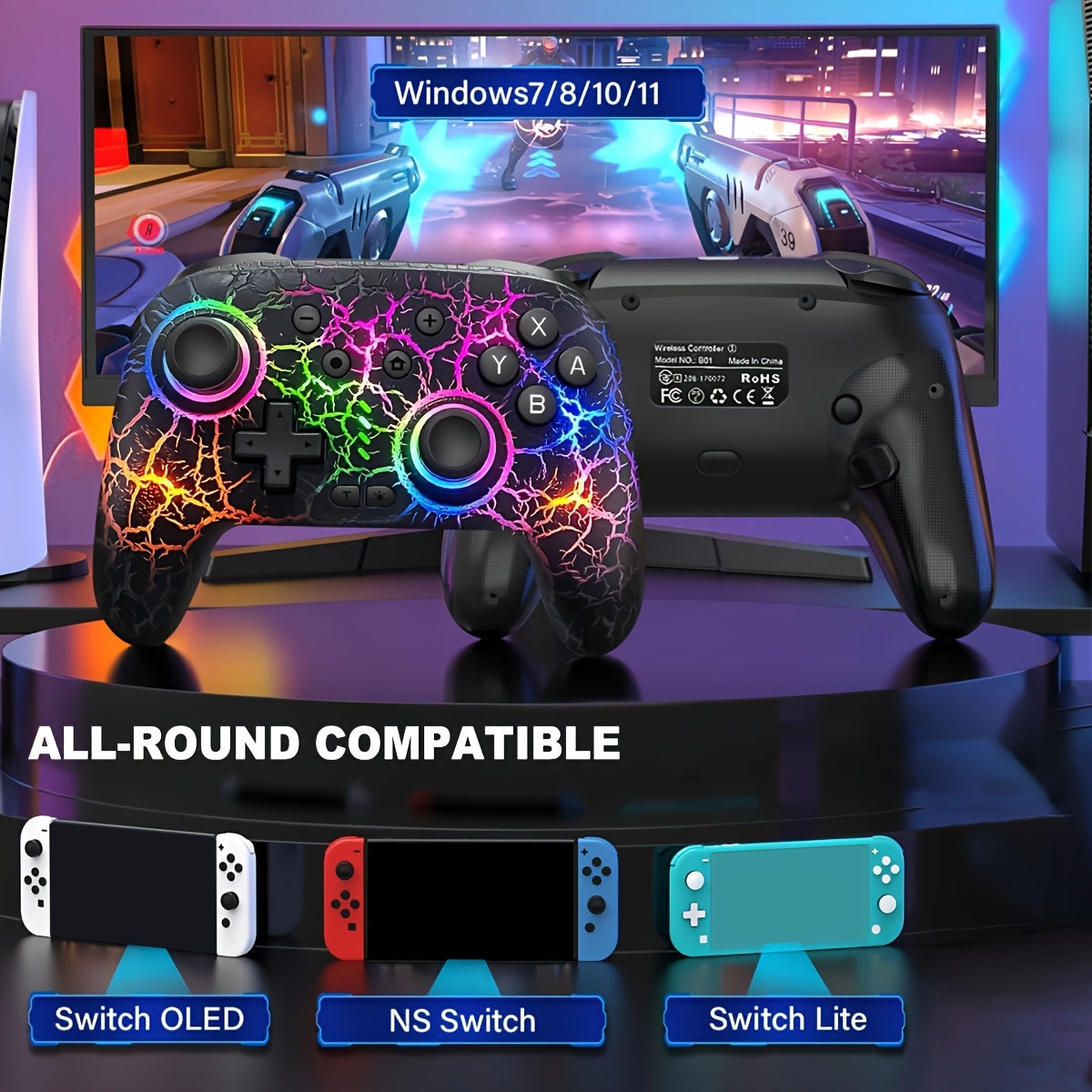 Wireless Pro Controller for Switch/Switch Lite/Switch OLED - Cool RGB, Rechargeable, 6-Axis Gyro, 10 RGB Lights