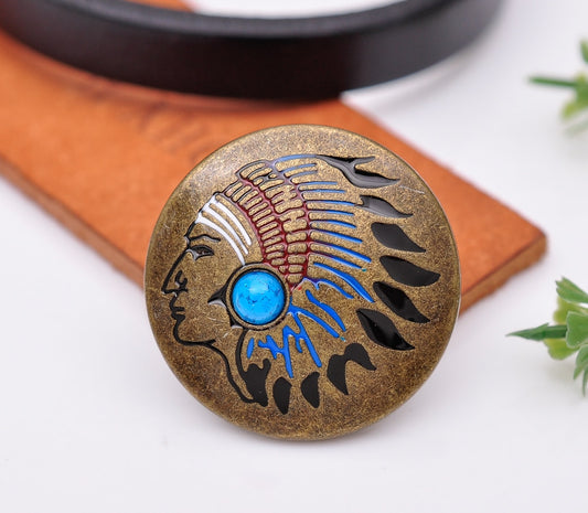 10 Set Antique Brass Southeast Colorful Indian Head dress Turquoise Leathercraft Belt Wallet Purse Conchos Screwbac